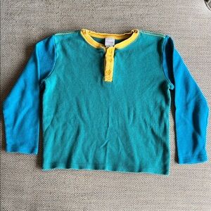 Hanna Andersson Teal Body, Blue Sleeves Long-Sleeve Henley with Yellow Trim